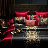 Luxury Black Red Silk Satin & Egyptian Cotton 8Pcs Bedding Set with Embroidery - Julia M LifeStyles