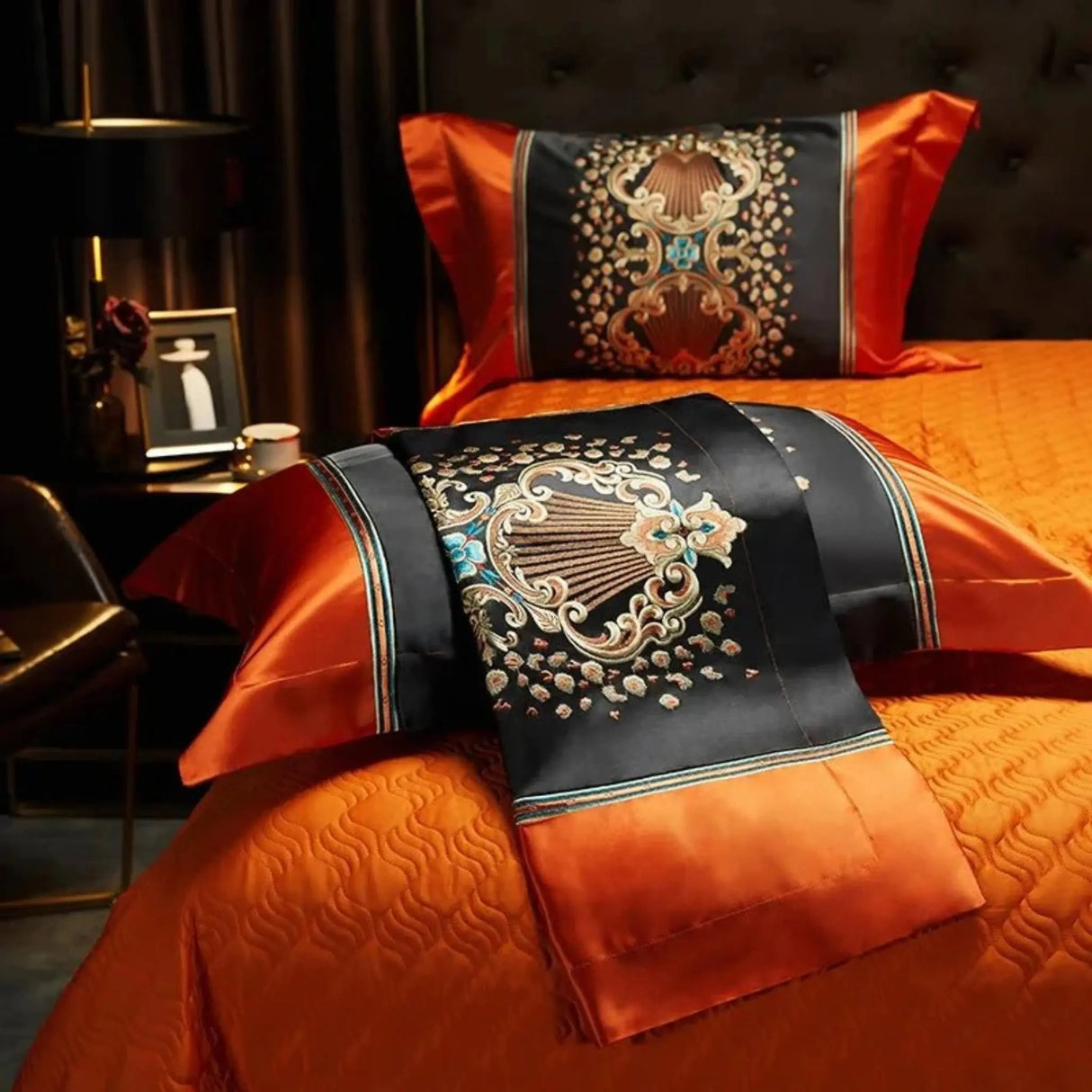 Luxury Black Red Silk Satin & Egyptian Cotton 8Pcs Bedding Set with Embroidery - Julia M LifeStyles