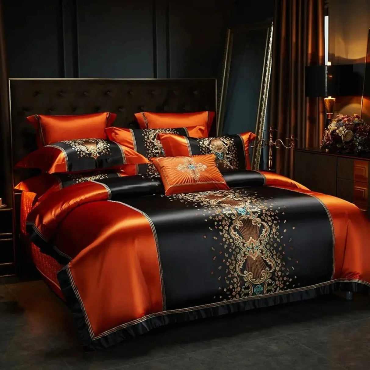 Luxury Black Red Silk Satin & Egyptian Cotton 8Pcs Bedding Set with Embroidery - Julia M LifeStyles