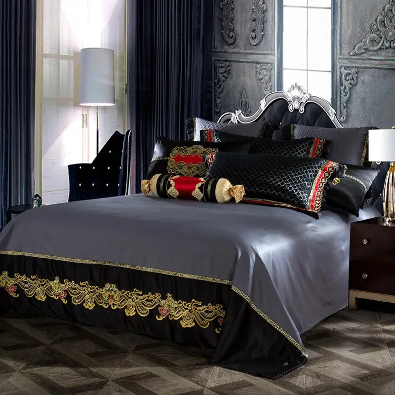 IvaRose Luxury Blue Black Silk Satin Bedding Set - Queen/King Size - Julia M LifeStyles