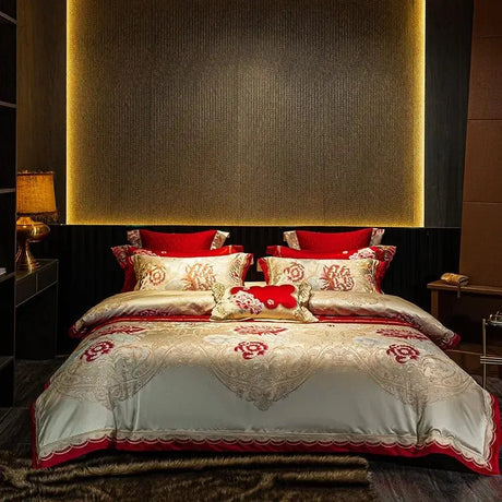 Chic Red Satin Jacquard Deluxe Bedding Set - Super King Size - Julia M LifeStyles