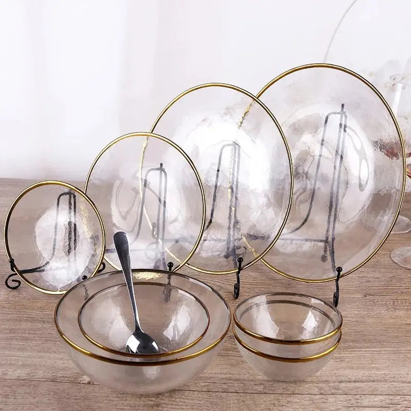 Glass Cutlery Salad Bowl Dinner Plate Soup Bowl Golden Edge Flat Plate Dinnerware Transparent Food Tray Glass Tableware 1pcs - Julia M LifeStyles