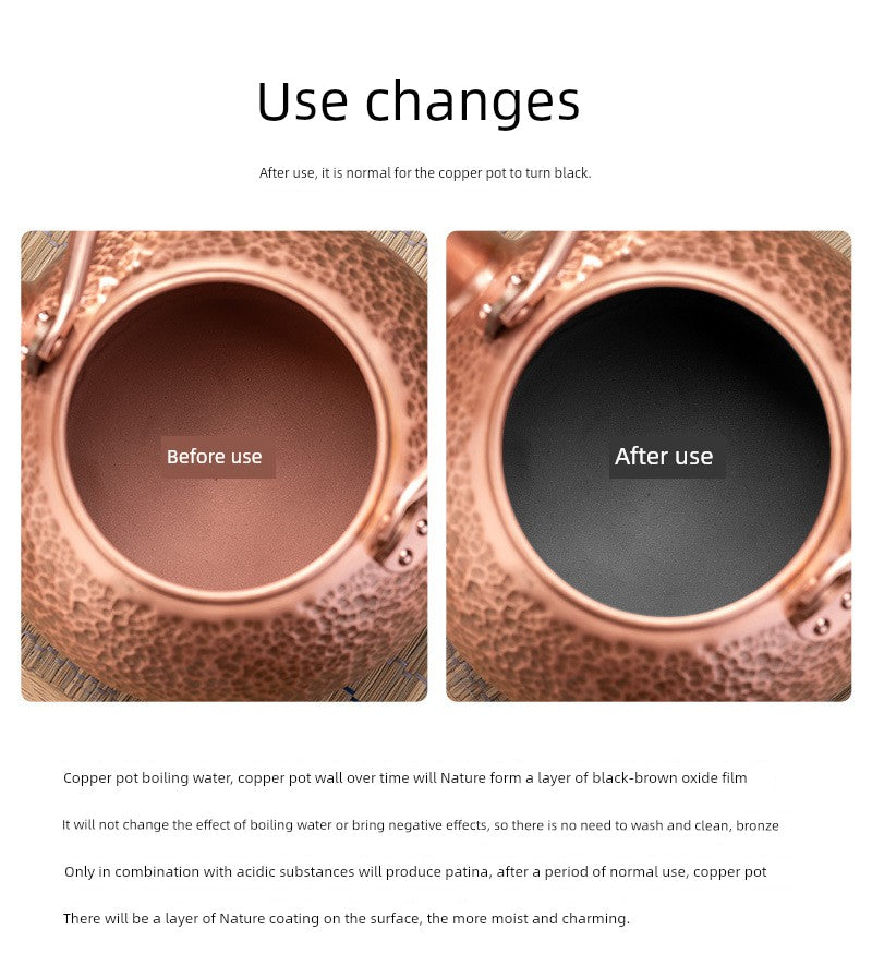 Copper pot before and after use showing black-brown oxide film formation.