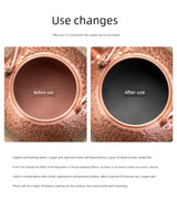 Copper pot before and after use showing black-brown oxide film formation.