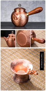 Copper teapot with wooden handle on a textured surface