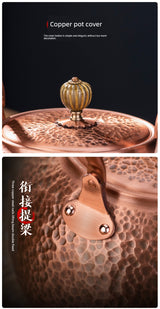 Copper pot cover with detailed texture and design on a black background