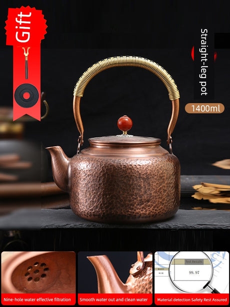 Copper teapot with gold handle on a dark surface, featuring text and images of product features.