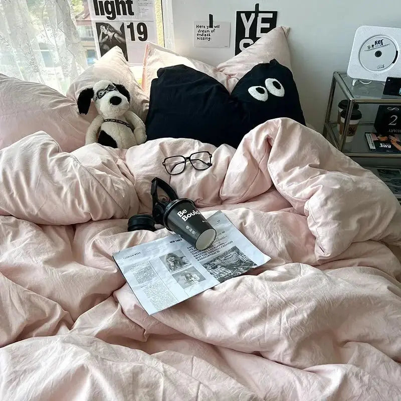 Ins washed cotton solid color four-piece suit can sleep naked in student dormitory 4 three-piece quilt cover - Julia M LifeStyles