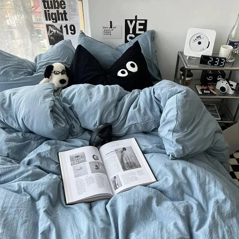 Ins washed cotton solid color four-piece suit can sleep naked in student dormitory 4 three-piece quilt cover - Julia M LifeStyles