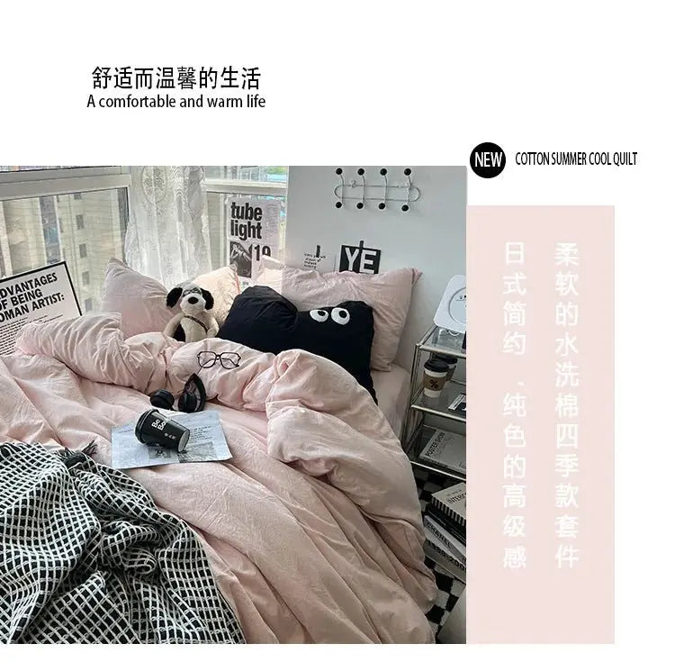 Ins washed cotton solid color four - piece suit can sleep naked in student dormitory 4 three - piece quilt cover - Julia M LifeStyles