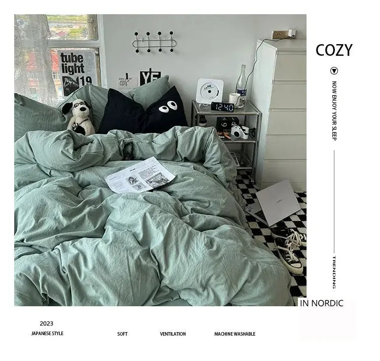 Ins washed cotton solid color four - piece suit can sleep naked in student dormitory 4 three - piece quilt cover - Julia M LifeStyles