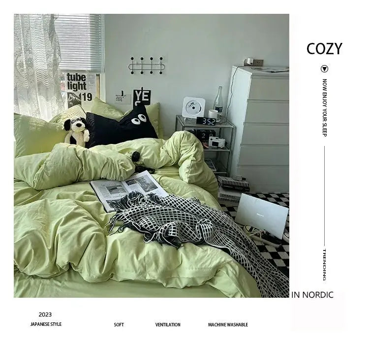 Ins washed cotton solid color four - piece suit can sleep naked in student dormitory 4 three - piece quilt cover - Julia M LifeStyles
