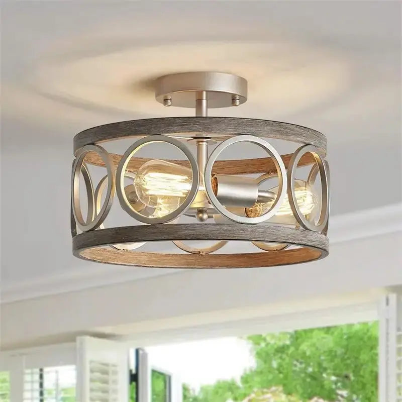 American Industrial Circular Chandelier with Retro Iron Art and Wood Grain - Julia M LifeStyles