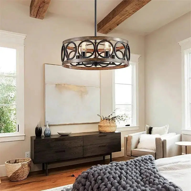 American Industrial Circular Chandelier with Retro Iron Art and Wood Grain - Julia M LifeStyles
