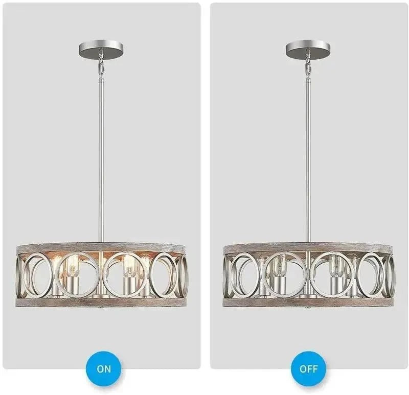 American Industrial Circular Chandelier with Retro Iron Art and Wood Grain - Julia M LifeStyles