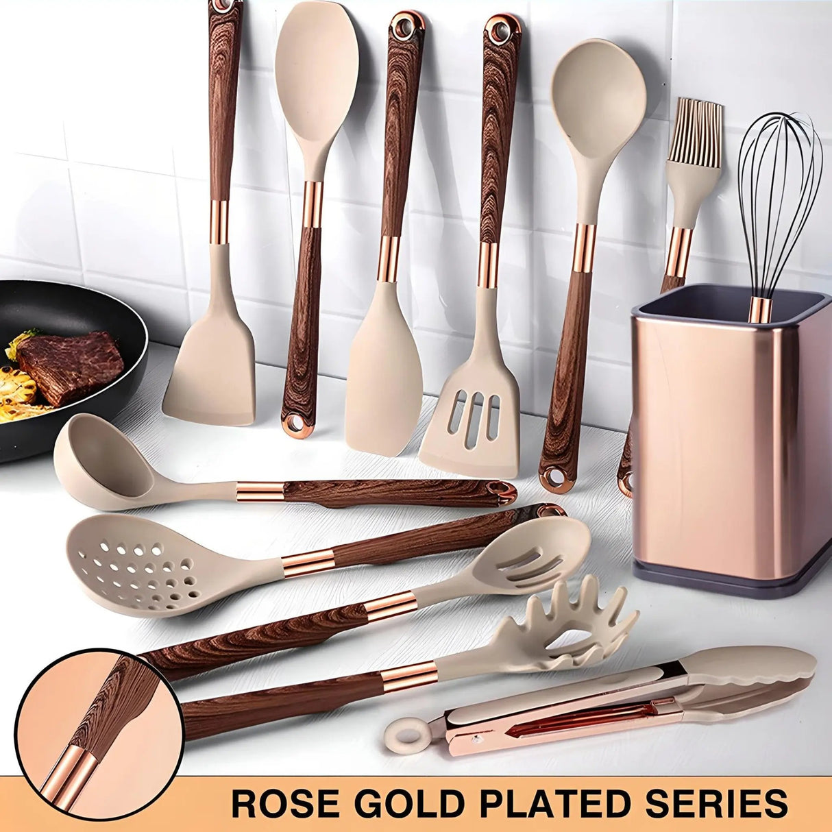 Silicone Kitchen Utensils Set - Heat Resistant, Non-stick, Rose Gold Plated Handles - Julia M LifeStyles