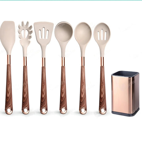 Silicone Kitchen Utensils Set - Heat Resistant, Non-stick, Rose Gold Plated Handles - Julia M LifeStyles