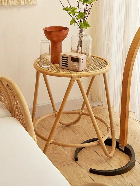 Japanese-Style Ins Rattan Glass Grid Red Small Coffee Table Minimalist Modern Creative Side Table Sofa Side Cabinet Double-Layer Small Table - Julia M LifeStyles