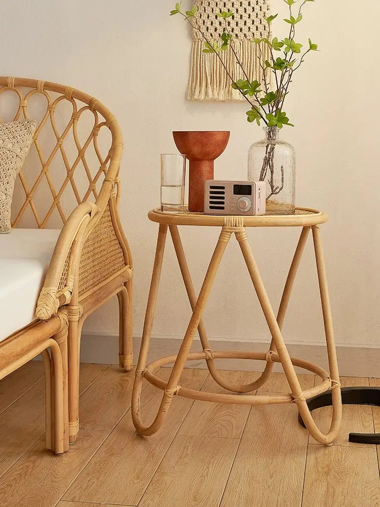 Japanese-Style Ins Rattan Glass Grid Red Small Coffee Table Minimalist Modern Creative Side Table Sofa Side Cabinet Double-Layer Small Table - Julia M LifeStyles