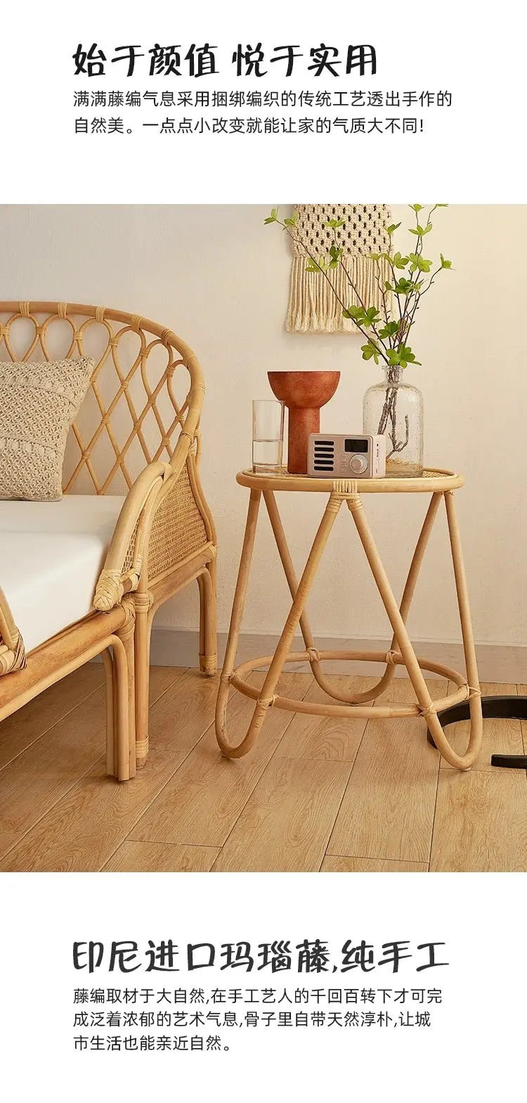 Japanese-Style Ins Rattan Glass Grid Red Small Coffee Table Minimalist Modern Creative Side Table Sofa Side Cabinet Double-Layer Small Table - Julia M LifeStyles