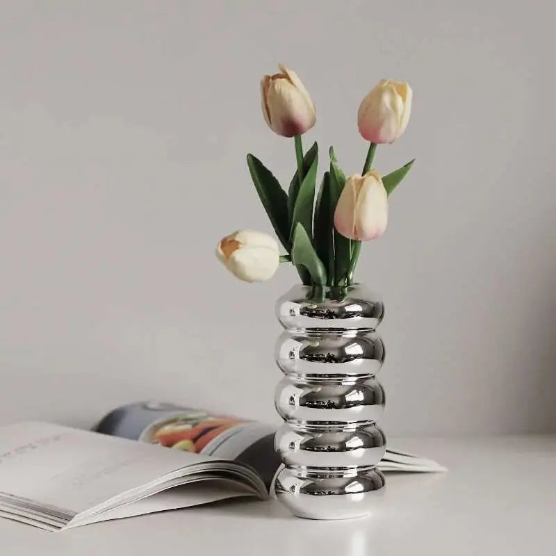 Silver plating Ceramic Vase Nordic home decoration Flower shape Vases for flowers Living room TV cabinet table decor florero - Julia M LifeStyles