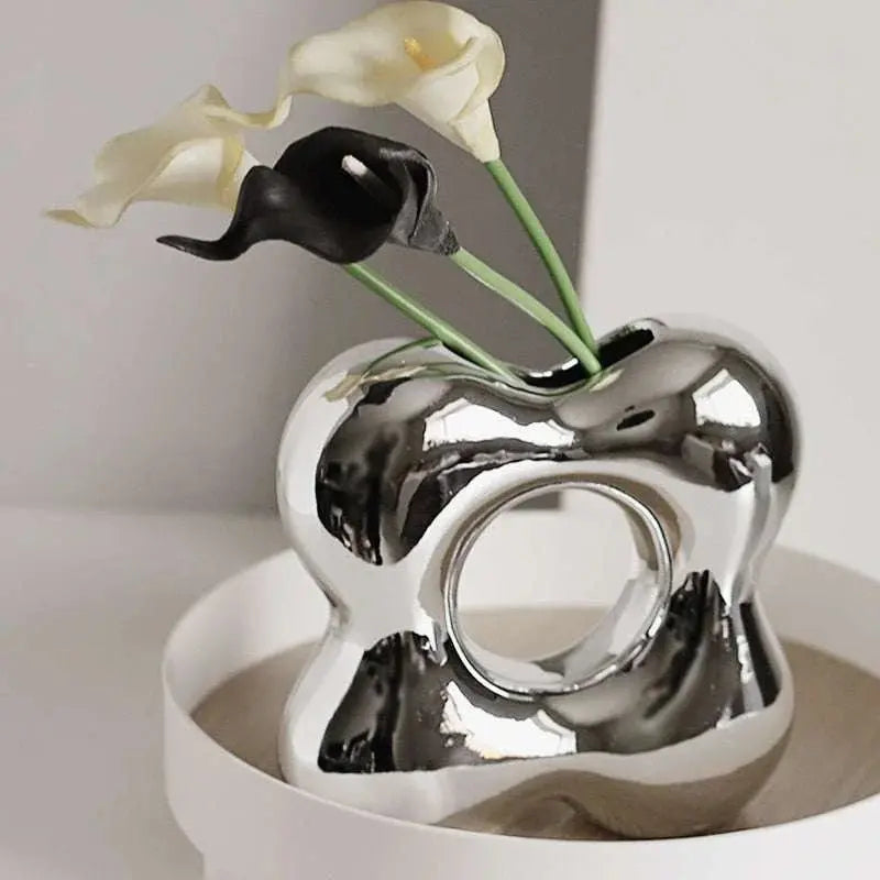 Silver plating Ceramic Vase Nordic home decoration Flower shape Vases for flowers Living room TV cabinet table decor florero - Julia M LifeStyles