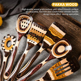 Set of wooden kitchen utensils with a focus on texture and design, labeled 'Pakka Wood'.