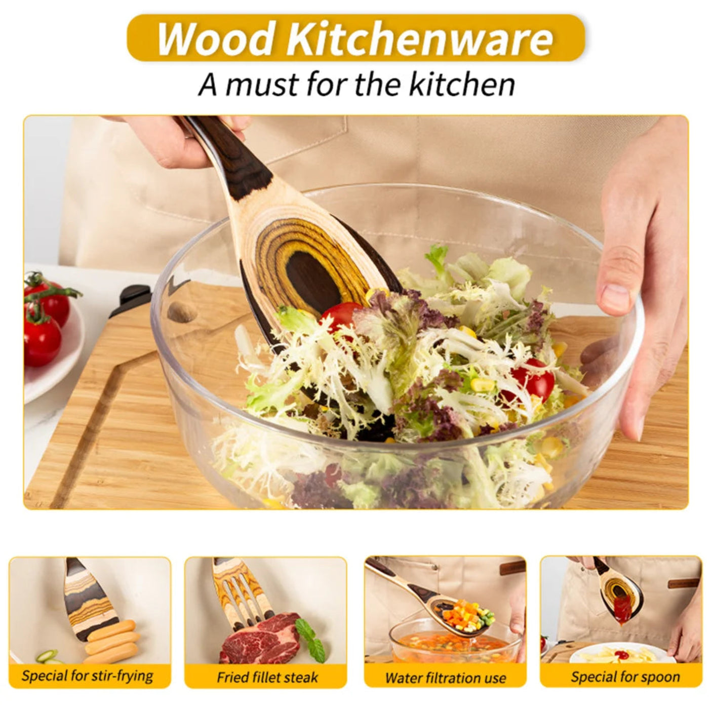 Wooden spoon stirring salad in a glass bowl with text 'Wood Kitchenware A must for the kitchen' and images of other uses.