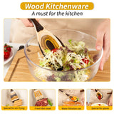 Wooden spoon stirring salad in a glass bowl with text 'Wood Kitchenware A must for the kitchen' and images of other uses.
