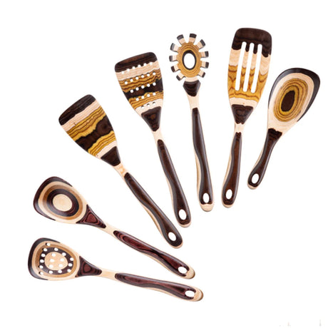 Set of ceramic kitchen utensils with brown and beige patterns on a white background
