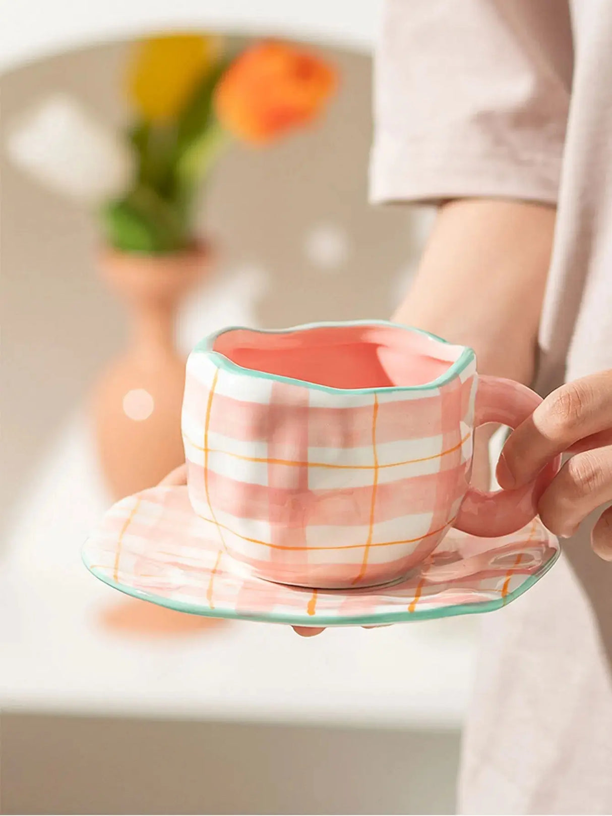 Hand-painted Flower Ceramic Coffee Cup Home Office Mug With Plate Spoon Breakfast Milk Juice Tea Handle Cup Gift Drinkware Set - Julia M LifeStyles