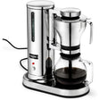 Chrome coffee maker with a glass carafe on a white background