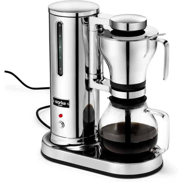 Chrome coffee maker with a glass carafe on a white background