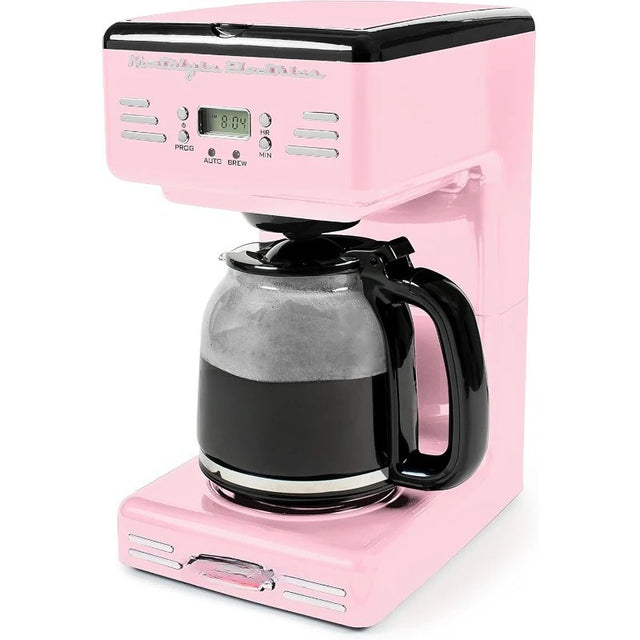 Pink coffee maker with a clear glass carafe on a white background
