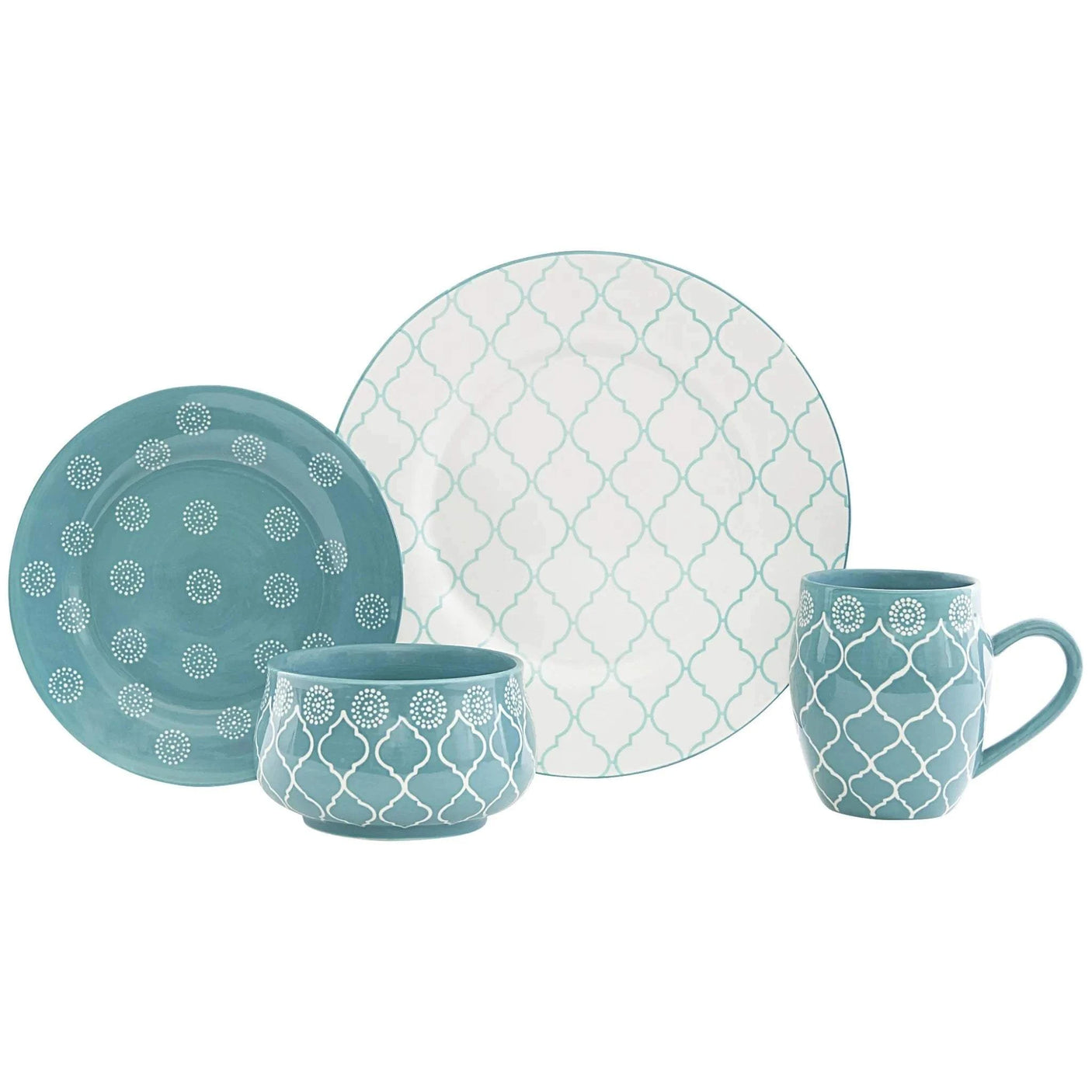 Trellis 16-piece ceramic dinnerware set in vibrant turquoise with elegant trellis design for four