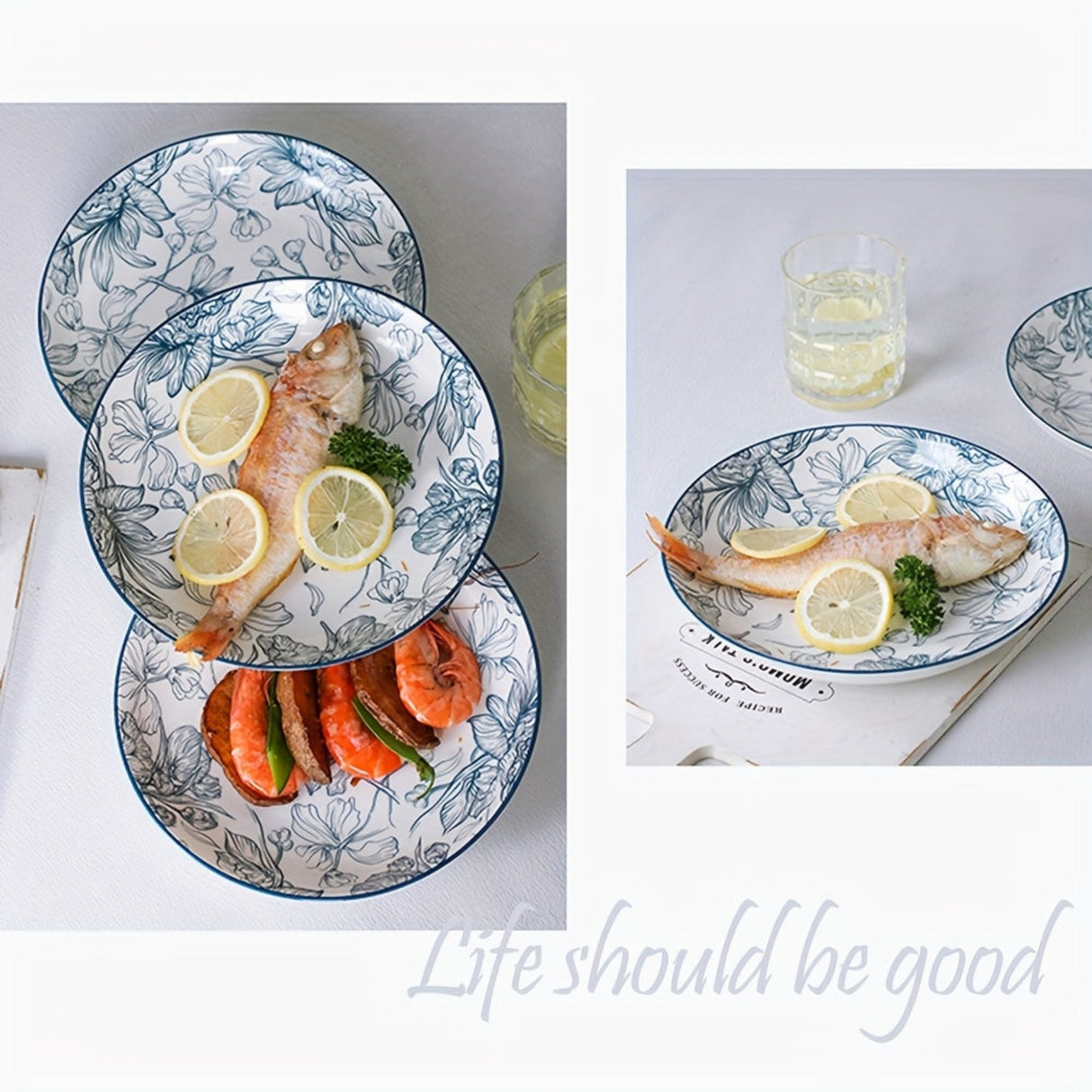 Set of ceramic plates with fish and lemon slices on a white surface, featuring the text 'Life should be good'.