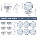 18-piece dinnerware set with measurements and layout on a white background