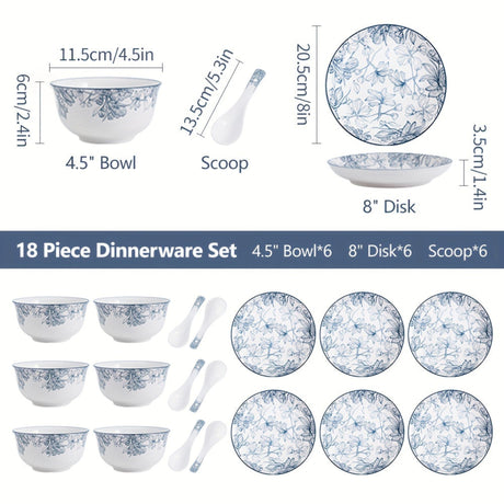 18-piece dinnerware set with measurements and layout on a white background