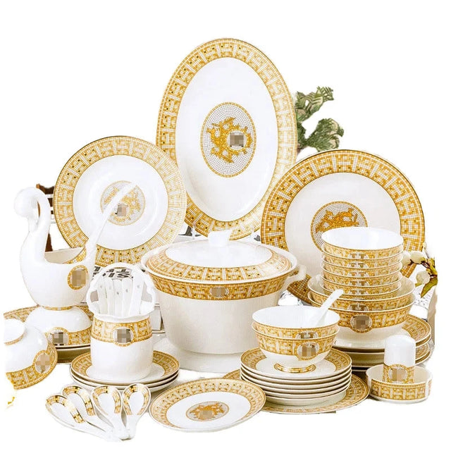 60 Pcs Golden Mosaic Eco-Friendly Porcelain Tableware Set Julia M LifeStyles