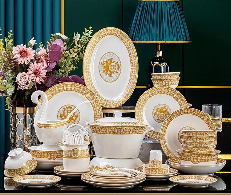 60 Pcs Golden Mosaic Eco-Friendly Porcelain Tableware Set Julia M LifeStyles