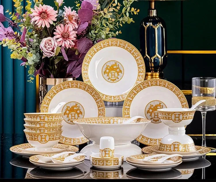60 Pcs Golden Mosaic Eco-Friendly Porcelain Tableware Set Julia M LifeStyles