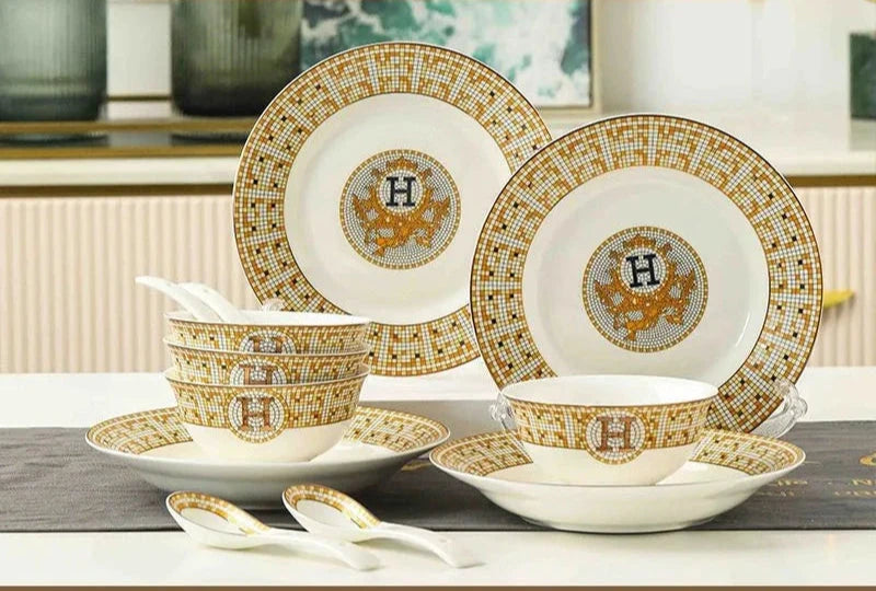 60 Pcs Golden Mosaic Eco-Friendly Porcelain Tableware Set Julia M LifeStyles