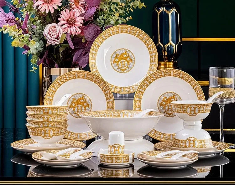 60 Pcs Golden Mosaic Eco-Friendly Porcelain Tableware Set Julia M LifeStyles