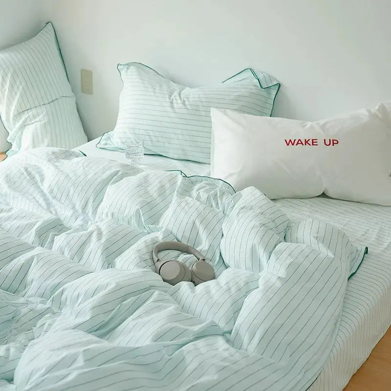 100%Washed Cotton Duvet Cover Set Comfy Simple Stripe Textured Soft Twin Double Queen Bedding set Flat/Fitted Sheet Pillowcases - Julia M LifeStyles