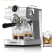 Espresso machine with Empstorm branding and a glass of liquid on a white background