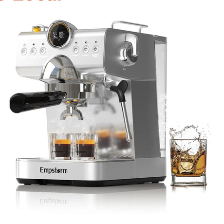 Espresso machine with Empstorm branding and a glass of liquid on a white background