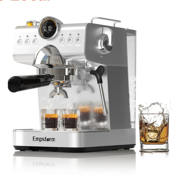 Espresso machine with Empstorm branding and a glass of liquid on a white background