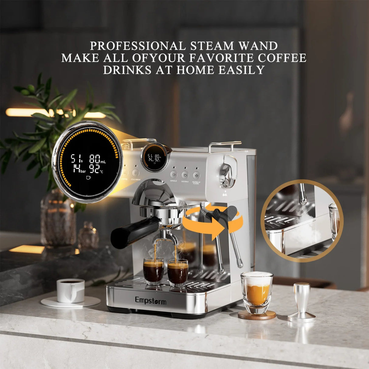 Espresso machine with steam wand on a countertop, surrounded by coffee cups and a plant.