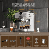 Espresso machine with dimensions and included accessories on a countertop.