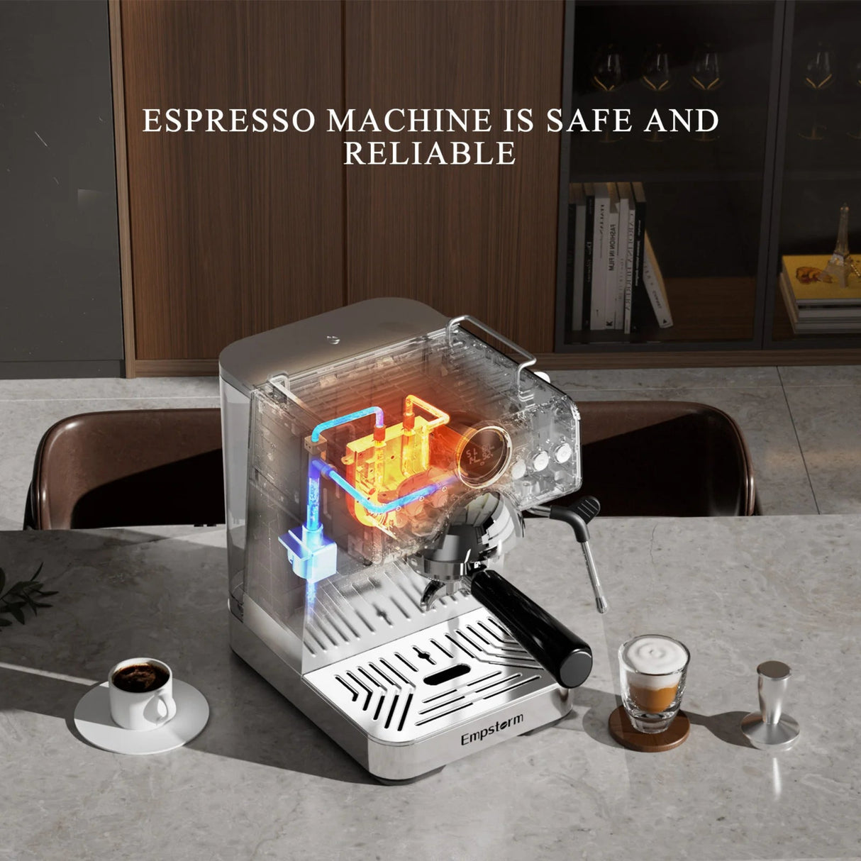 Espresso machine with clear side panel on a kitchen counter, displaying 'Espresso Machine is Safe and Reliable'.